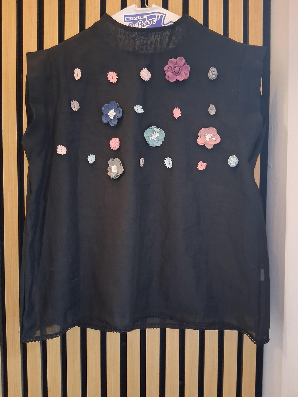Girls Black Sleeveless Top with Floral Appliqués